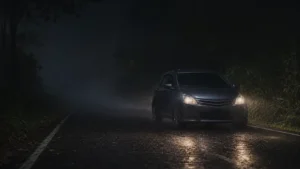 Mobil dengan pencahayaan lampu kurang terang di jalan gelap dan basah