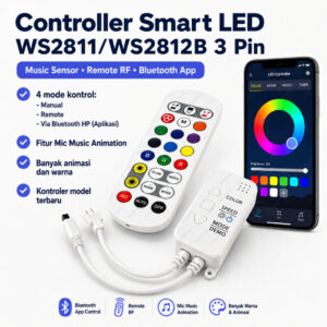 Controller Modul Smart LED Addressable WS2811 WS2812B 3 Pin Sensor Musik Remote RF Running RGB - gambar utama
